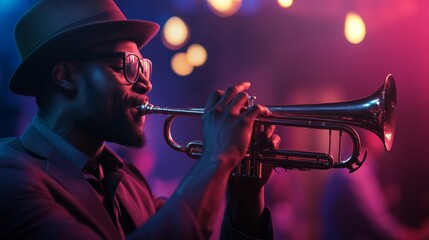 Obraz premium Jazz band in full swing, illuminated stage, energetic trumpet soloist, evening performance, vintage vibe