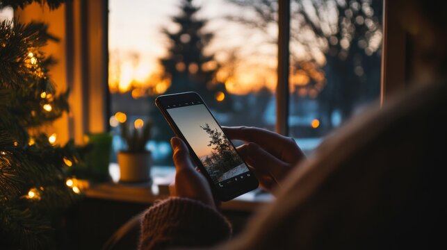 isolated person scrolling on phone while others video call in background, Christmas loneliness, - Powered by Adobe