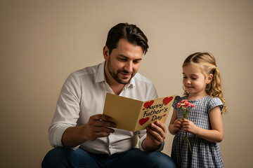 Daughter giving handmade postcard to caucasian father on Father’s Day celebration