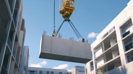 A crane lowers a precast concrete beam section into place, background wallpaper AI generated image
