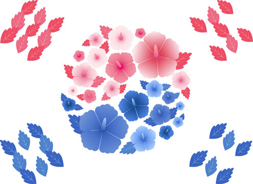 An illustration of the South Korean national flag drawn with rose of Sharon and leaves