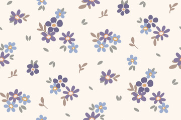 Seamless floral pattern, liberty ditsy print of small purple flowers. Pretty botanical design in rustic motif, tiny hand drawn flowers, leaves, simple cute bouquets on white. Vector illustration. © Yulya i Kot