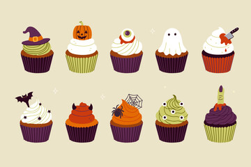 Set of different cupcakes in Halloween style. Vector graphics.