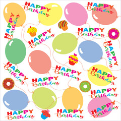 Happy birthday card with balloon, cupcake, donut and colorfull text design