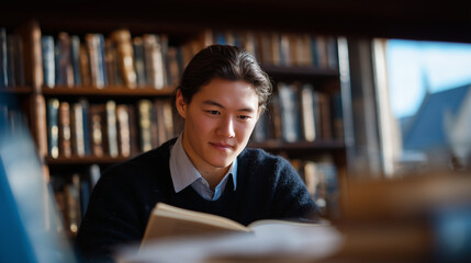 Obraz premium Natural sunlight streams through high windows, young Asian student immersed in reading, rows of ancient books and research archives visible behind