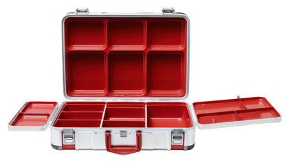 Obraz premium Open first aid case featuring vibrant red compartments against a transparent background, ready for filling with essential medical supplies for emergencies and healthcare needs