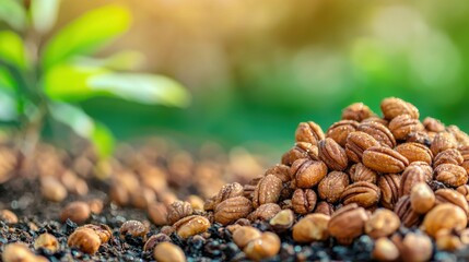 Pile Of Pecan Nuts On Soil With Green Plant In Background. Symbolizes Growth And Agriculture