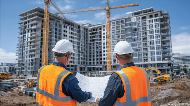 Towering modern apartment building under construction with large yellow crane lifting steel beams, clear blue sky backdrop, engineers in helmets discussing plans on site - Powered by Adobe