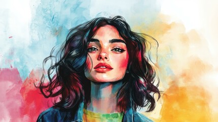 Young woman in jacket against colorful painted background