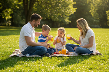 Cheerful family with happy mother, father and two little sons having picnic at summer park, leisure concept