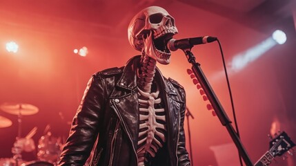 Skeleton Rock Star Singing on Stage with Dramatic Lighting