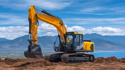 Obraz premium Yellow excavator parked on mound of earth at large construction area, bright sky reflecting on glossy paint, earthworks and building foundations being prepared