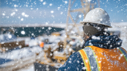 Back view of construction worker looking over snow-covered machinery, swirling snowflakes around, icy ground reflecting pale daylight, frozen industrial environment with quiet inte