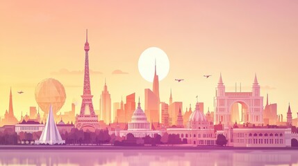 Obraz premium City skyline at sunset with hot air balloon over waterfront