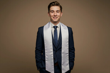 smiling student wearing graduation stole posing in formal shirt, perfect for academic portrait and graduation announcement visual