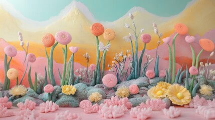 Whimsical Pastel Landscape with Miniature Flower Sculptures, Generative Ai