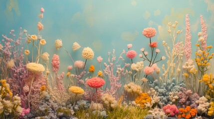 Whimsical Pastel Landscape with Miniature Flower Sculptures, Generative Ai
