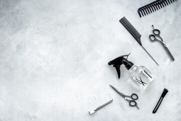 Barbershop tools set - different kind of combs and scissors, top view