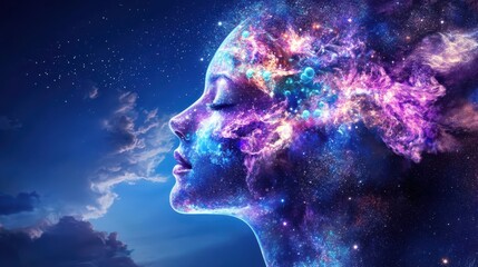 Obraz premium Serene young woman with nebula head in cosmic night setting