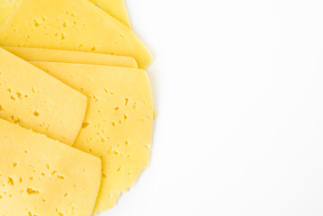 Cheese slices isolated on white background with copy space.
