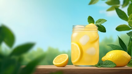Fototapeta premium Refreshing lemonade in jar with mint leaves and lemon slices in a bright outdoor setting