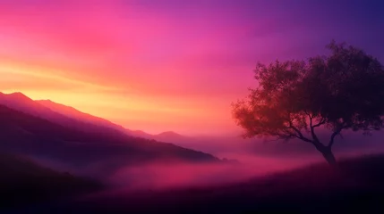 Selbstklebende Fototapeten peaceful sunrise in countryside with soft mist, serene lighting © Sirichat. Camphol