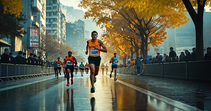 Marathon runners in orange shirts run in a city, sunshine at the background, people watching from sidelines