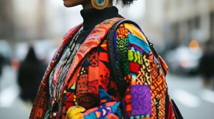 Young African American woman in multicolored jacket on city street