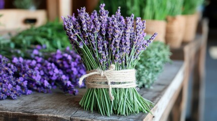 Fototapeta premium Lavender bunch tied with twine on rustic wooden surface outdoors