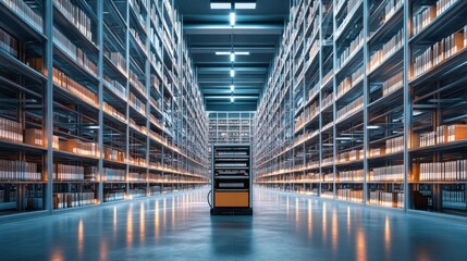Fototapeta premium Automated guided vehicle navigating warehouse shelves at night