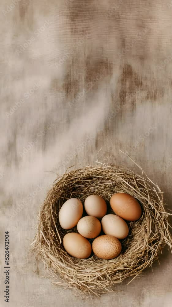 Poster six fresh brown eggs rest in a small, meticulously crafted nest made of straw, placed on a textured,
