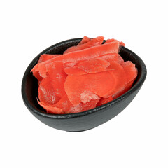 A black bowl filled with thinly sliced, bright red pickled ginger.