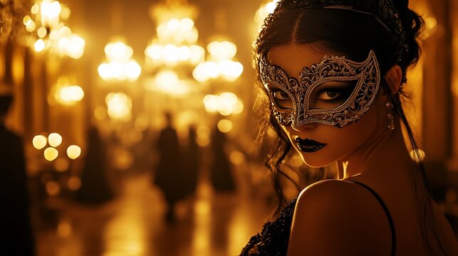 Woman at masked ball looks back, wearing a decorated mask in a gilded hall
