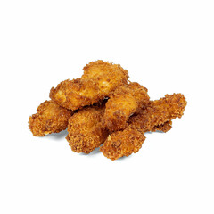 a heap of golden-brown, crispy breaded chicken nuggets, arranged to showcase their crunchy texture and appetizing appearance