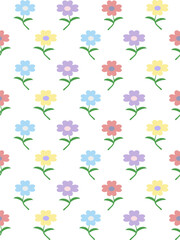 Fototapeta premium Charming seamless floral pattern with pastel-colored flowers in red, blue, yellow, and purple on a white background. Perfect for kids' products, fabric prints, and cheerful design projects.