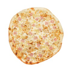 A close-up of a Hawaiian pizza with golden crust, melted cheese, diced ham, and sweet pineapple chunks