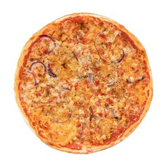 A delicious pizza topped with cheese, red onions, and herbs