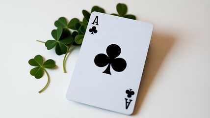 An artistic representation featuring an Ace of Clubs playing card elegantly placed among vibrant green clover leaves, symbolizing luck and chance in life and games.