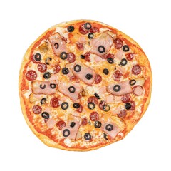 A freshly baked pizza with crispy crust, loaded with melted cheese, pepperoni, bacon, and olives, on a clean white surface