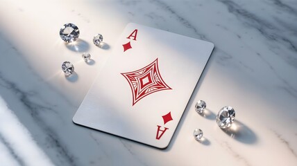 A striking image of the Ace of Diamonds playing card elegantly placed on a polished marble surface, surrounded by sparkling gemstones, evoking feelings of luxury and anticipation.