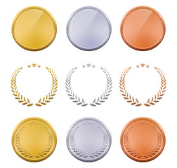 金銀銅のメダルのフレーム・リボン・月桂樹のデザインアイディアセット(ランキング ランク 1位 2位 3位 優勝 リボン ベクター 編集可能 背景透過PNG)	

