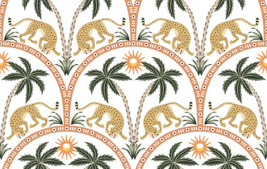 Leopard animal, arch, tropical palm tree, sun seamless pattern. Boho floral wallpaper.