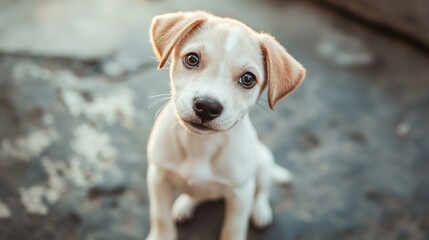 Mixed breed dog sitting and looking at camera outdoors