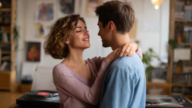 Happy couple shares warm embrace in cozy living room at home. Love connection, affection, intimacy. Deep feelings, togetherness. Romance. Lovers dancing, have fun, romantic date. Music player, record.