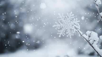 Snowflake on Snow-Covered Branch in Serene Winter Forest