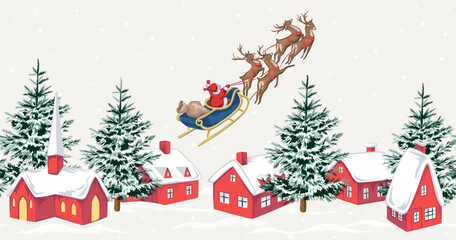 Christmas landscape, Santa Claus, fir tree, church, house, snow, sleigh, deer seamless border. Winter village holiday mural.