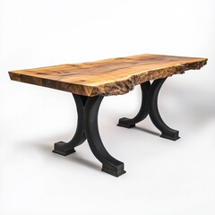 Elegant wooden tabletop with live edge and metal legs indoors