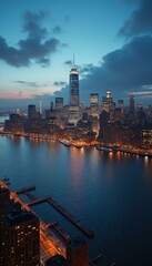 Illuminated cityscape at night over waterfront