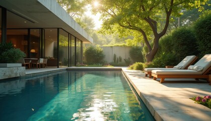 Serene swimming pool with lounge chairs at modern house
