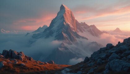 Majestic sunset over serene mountain landscape